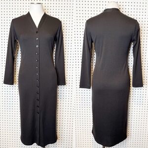 Fraiche | Ribbed Button-Front‎ Dress, Black, V-neck, Long Sleeves Sz. S